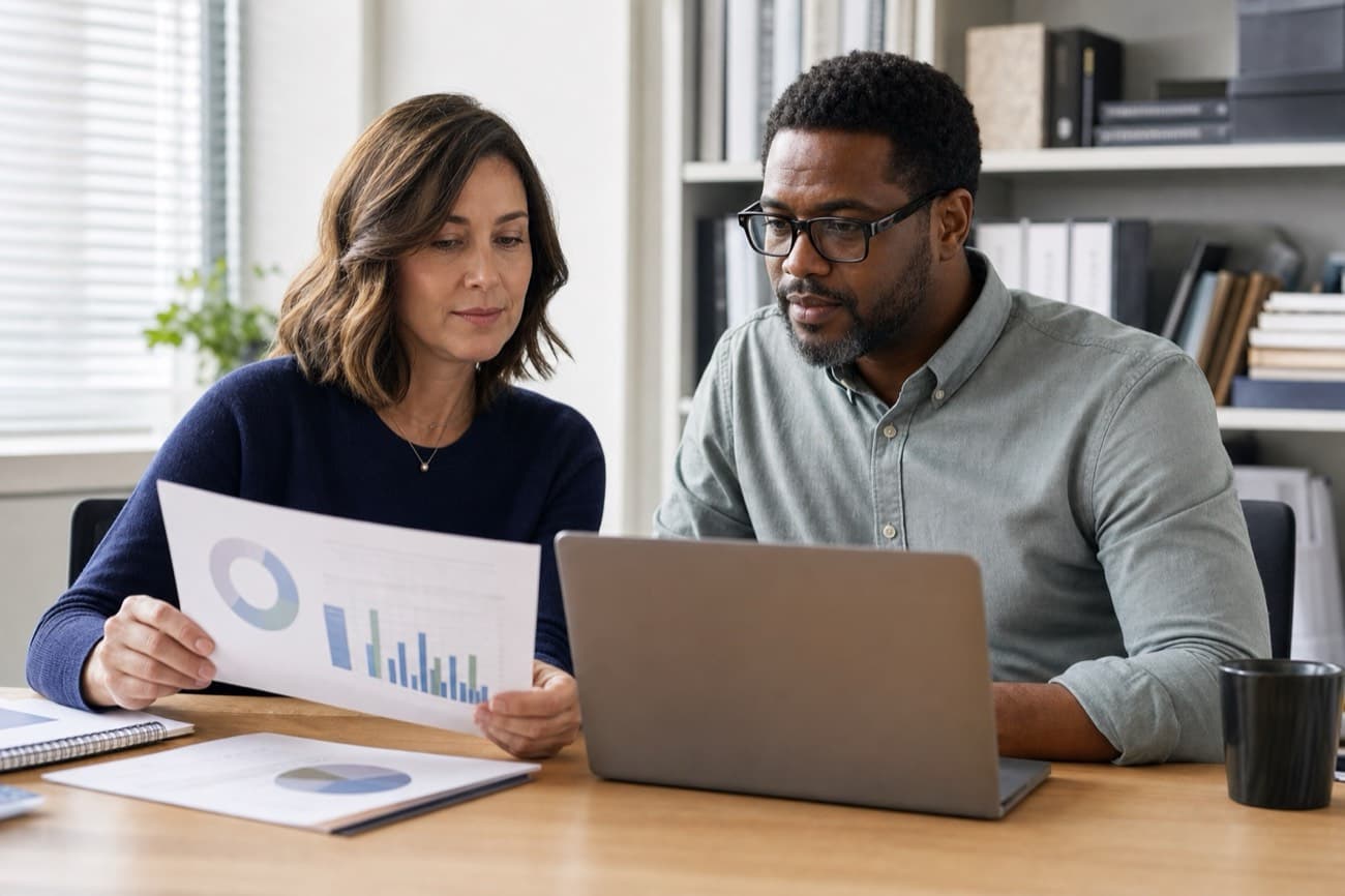 Two colleagues reviewing a printed board report with charts