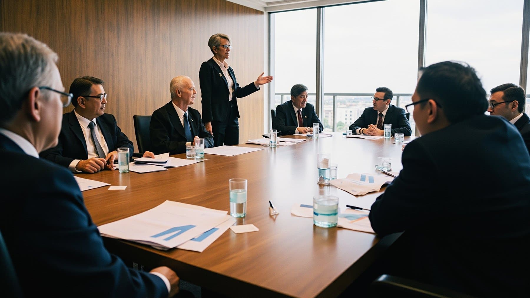 A chamber board meeting: the executive director presents to the board around a long table