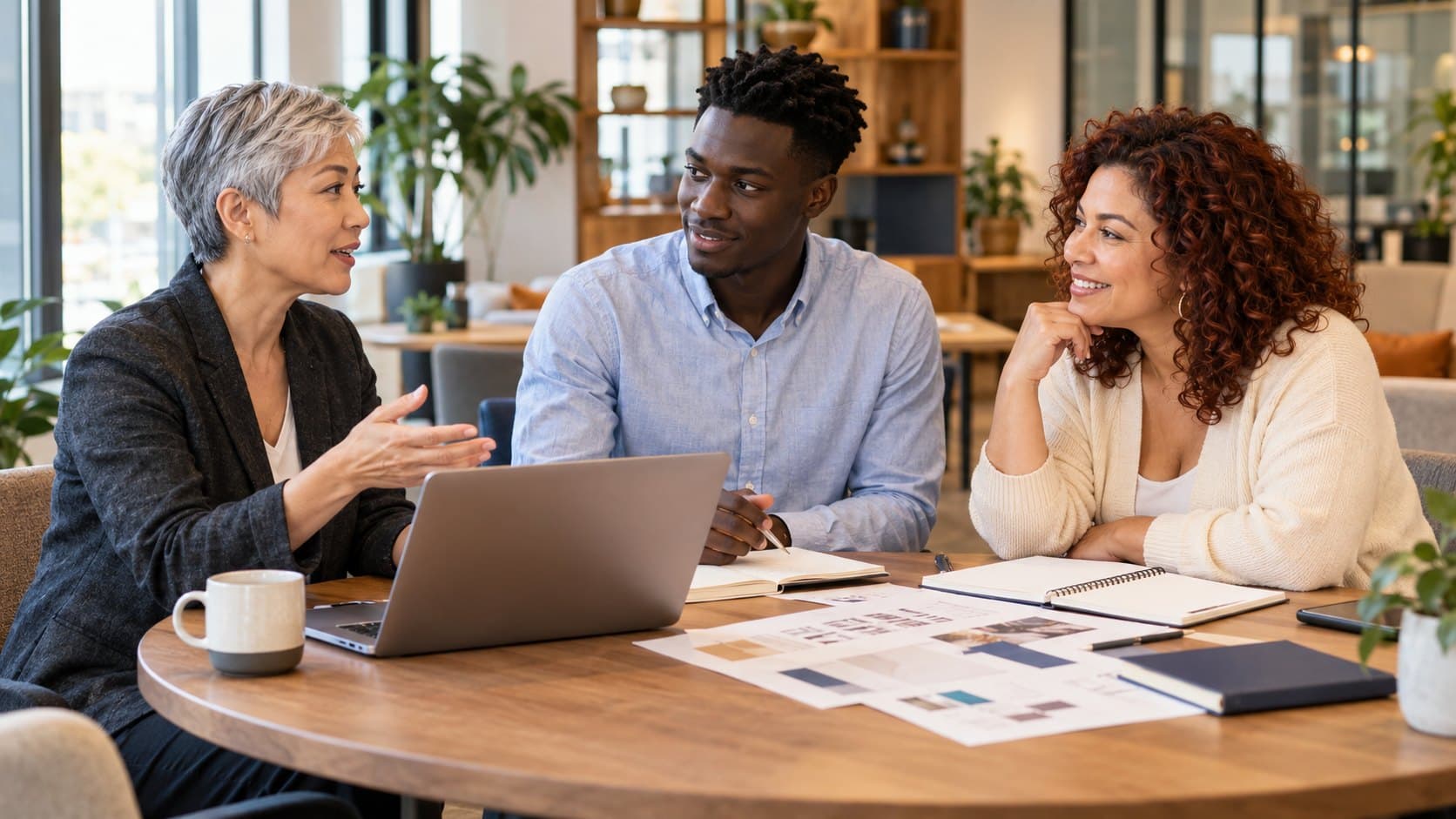 A chamber team planning an event around a table with printed layouts