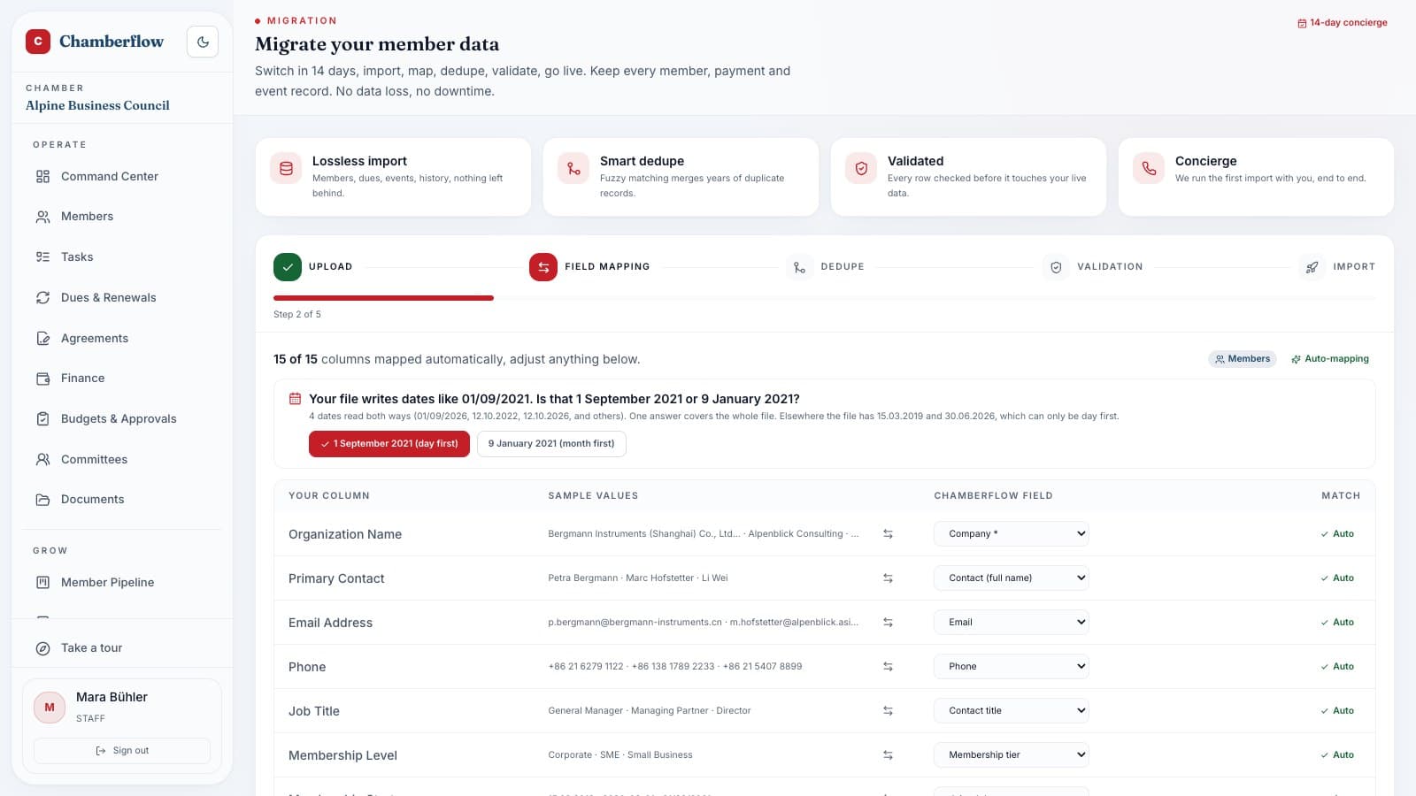 The migration wizard: upload, map, dedupe, validate, import